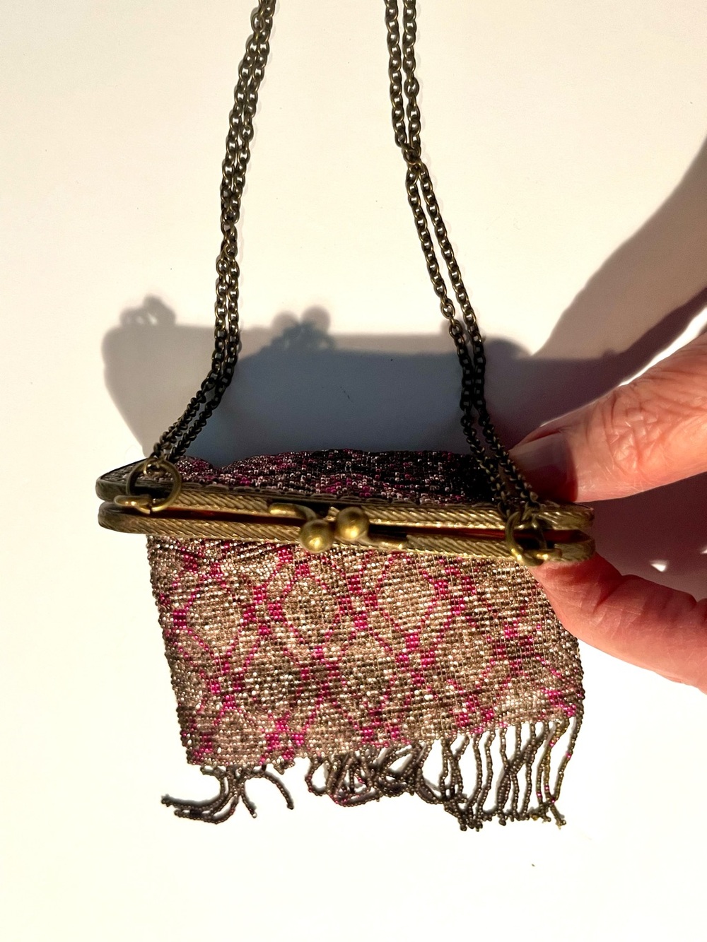 Antique beaded purselet. Rare plaid pattern. Double chain. - Picture 4 of 7